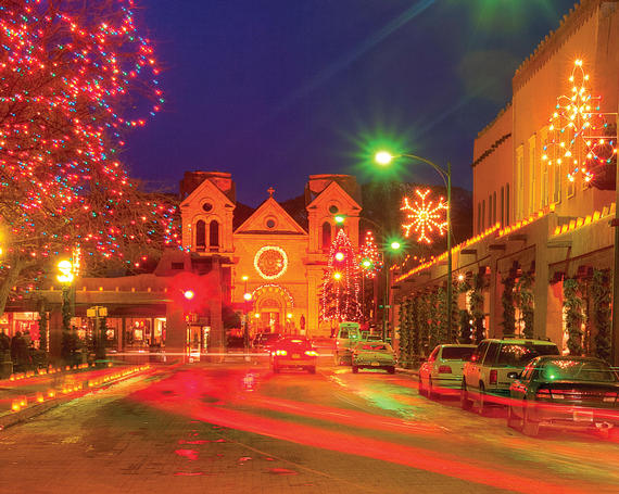 Santa Fe Plaza decorated with Christmas lights and Farolitos