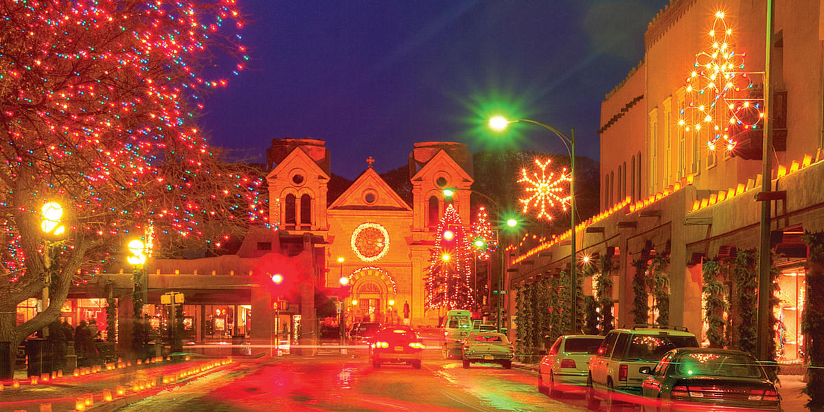 Cathedral and street decorated for holidays in Santa Fe