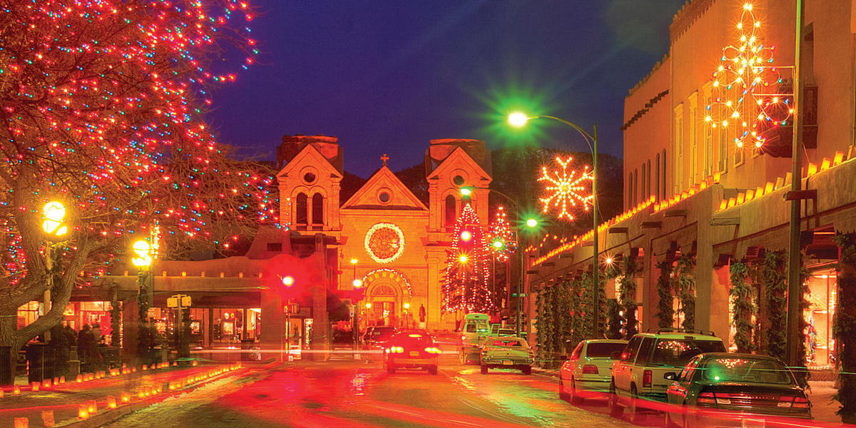 Santa Fe Plaza with Christmas lights and Farolitos